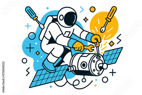 Orbital Satellite Repair. Repair in orbit. Astronaut tightening bolts on a satellite, glowing tools floating around. Abstract sparks and geometric shapes show