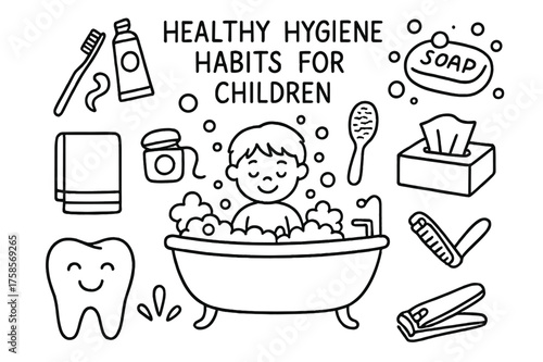 Child Hygiene Doodles. Healthy hygiene habits for children. Hand-drawn doodle illustration healthy hygiene habits for children toothbrush, toothpaste, floss,