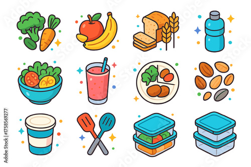 Healthy Eating Icons. Healthy eating habits. Colorful isometric vector icons set of healthy eating habits: fresh vegetables, fruits, whole grains, lean
