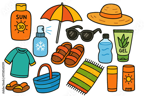 Sun Protection Essentials. Sun protection. Colorful Hand-drawn doodle Children illustration sun lotion, beach umbrella, wide-brim hat, sunglasses, cooling