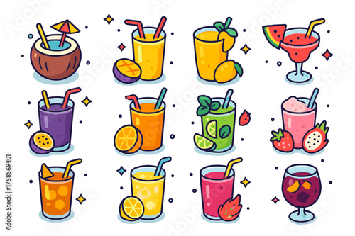 Tropical Drink Icons. Tropical Drinks. Colorful isometric vector icons set of tropical drinks: coconut drink, pineapple juice, mango smoothie, watermelon
