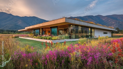Net-Zero Glass Pavilion with Green Roof in Wildflower Meadow