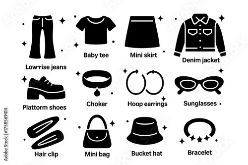 Y2K Fashion Icons. Y2K Wardrobe Essentials. Solid icons set of Y2K Wardrobe Essentials: Low-Rise Jeans, Baby Tee, Mini Skirt, Denim Jacket, Platform Shoes,