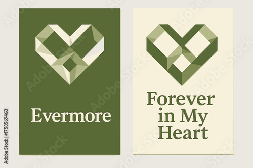 Evermore Banners Design. Evermore. Two vertical A6 banners, geometric, olive green and cream backgrounds, angular infinity heart built from clean polygons,