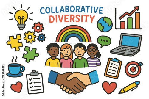 Diverse Collaborative Icons. Collaborative Diversity. Colorful Hand-drawn doodle Children illustration Collaborative Diversity diverse group, handshake,