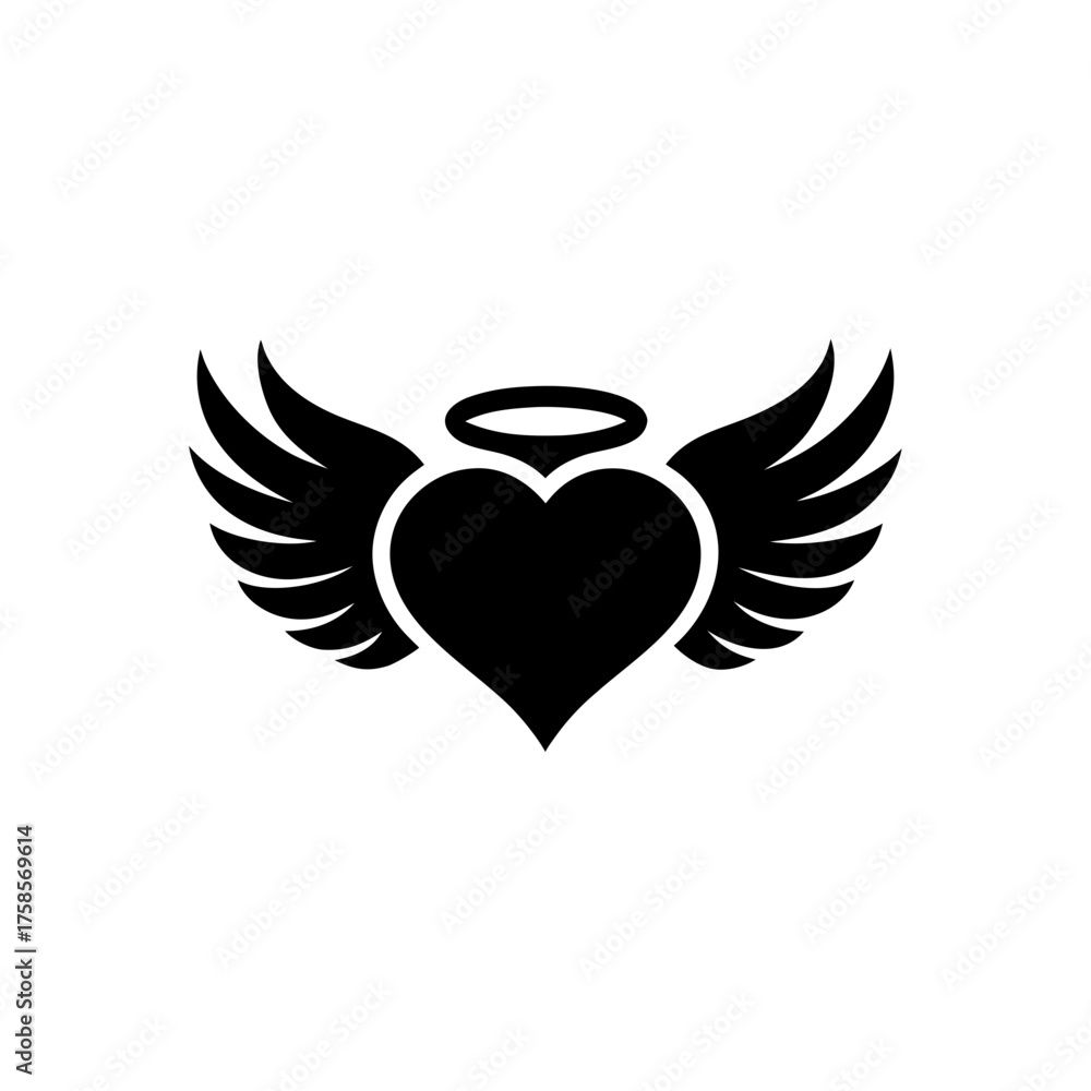Obraz premium Heart with wings and halo graphic on transparent background silhouette