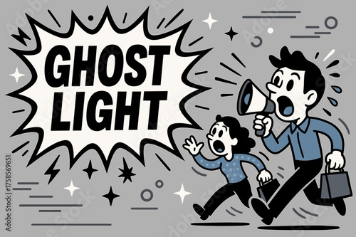 Ghost Light Banner. Ghost Light banner, flat vector illustration, bold oversized text inside splash explosion, cartoon characters running and shouting at
