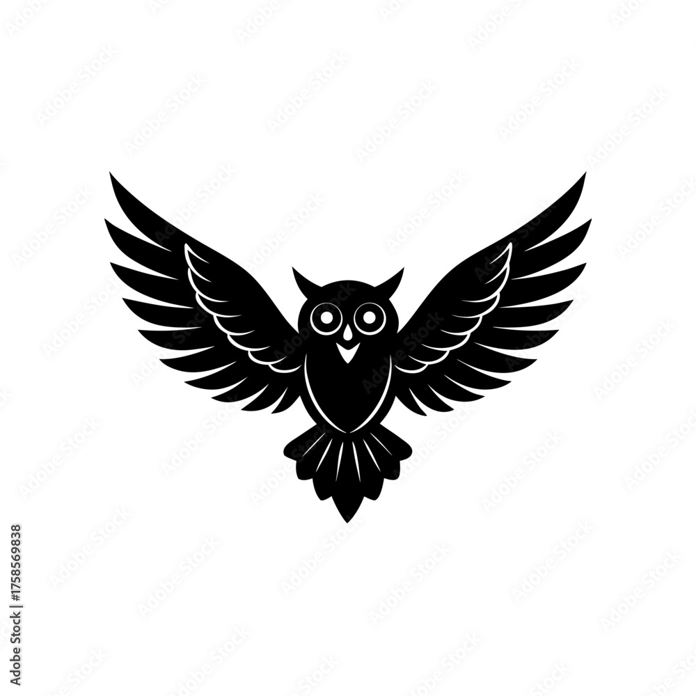 Obraz premium Stylized owl with outstretched wings on transparent background silhouette