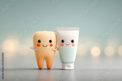 Smiling toothbrush and toothpaste on blurred background. Dental health theme.