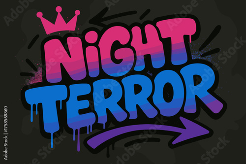 Urban Halloween Graffiti. Night Terror ? Graffiti Simplified, chunky bubble letters with dripping outlines, tilted layout, arrows and crown accents, flat spray