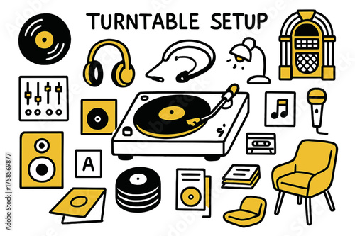 Turntable Doodle Icons. Turntable Setup. Hand-drawn doodle illustration turntable setup turntable (accented), vinyl record, headphones (accented), mixer,