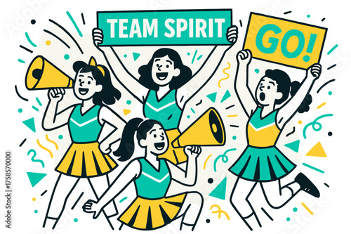 Cheerleaders' Energetic Celebration. Team spirit. Cheerleaders holding banners and megaphones, faces full of enthusiasm, abstract shapes showing motion and