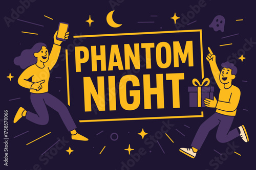 Phantom Night Design. Phantom Night banner, flat vector illustration, bold oversized text inside rectangular frame, cartoon characters jumping and pointing,