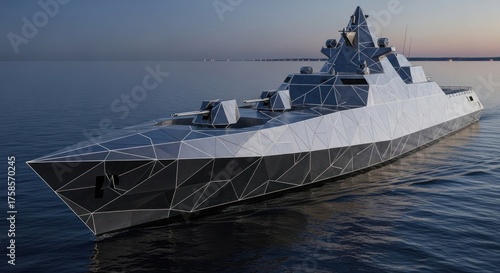 Futuristic Stealth Warship: Geometric Design on Calm Waters at Dusk