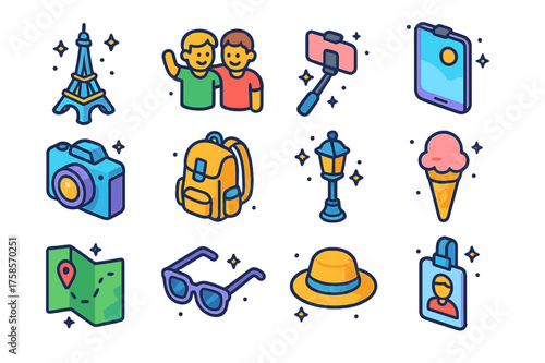 Iconic Landmark Icons. Iconic landmark. Colorful isometric vector icons set of iconic landmark: Eiffel Tower, friends posing, selfie stick, smartphone, camera,