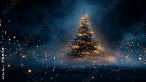 雪降る聖夜、森の中で一本だけ輝くクリスマスツリー