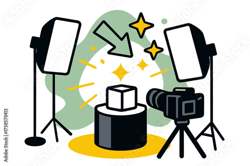 Dynamic Studio Illustration. Studio setup. A professional camera with glowing softboxes aimed at a product pedestal, abstract floating arrows and stars