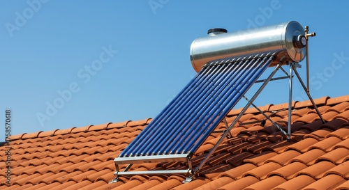 Solar water heater on rooftop with renewable energy, blue sky background, and sustainable living concept.