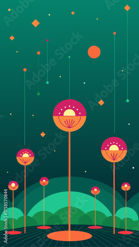 Whimsical alien flora with geometric shapes and a gradient background