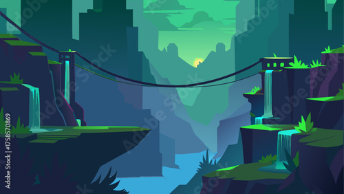 Futuristic cityscape with waterfalls and lush greenery