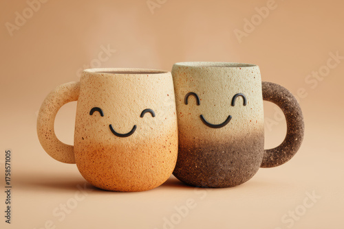 Two coffee cups arranged like smiling faces on pastel background