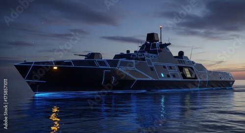 Futuristic Stealth Warship with Neon Outlines Sailing on Calm Waters at Dusk