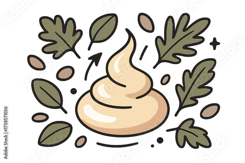 Herb-Infused Dressing Delight. Herbs and creamy dressing. Glowing creamy dressing surrounded by floating herb leaves and droplets, soft light emphasizing