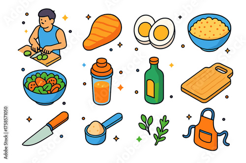 Post-Gym Cooking Icons. Post-gym cooking. Colorful isometric vector icons set of post-gym cooking: person chopping vegetables, grilled chicken, boiled eggs,