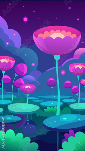 Whimsical alien flora with glowing elements in a surreal landscape