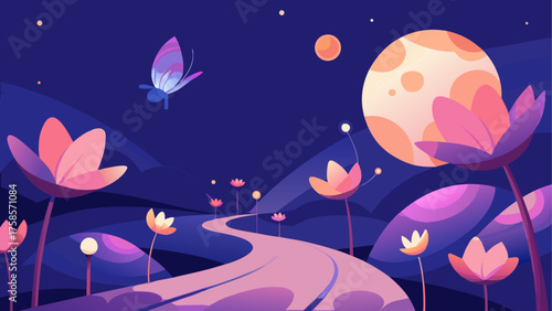 Whimsical night landscape with glowing flowers and a butterfly