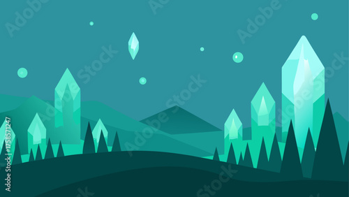 Abstract teal landscape with geometric crystals and hills