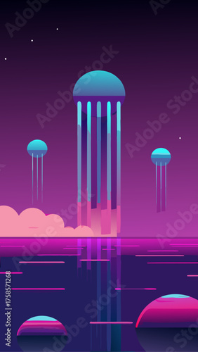 Abstract alien landscape with glowing jellyfish like structures and vibrant neon colors