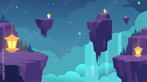 Enchanting floating islands with lanterns and waterfalls at night
