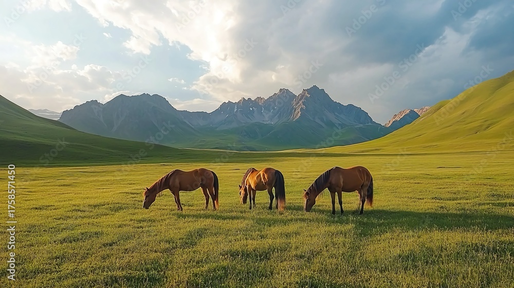 Obraz premium Three brown horses grazing on green meadows.