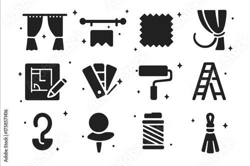 Room Makeover Icons. Room Makeover. Solid icons set of Room Makeover: Curtain Panel, Curtain Rod, Fabric Sample, Tieback, Sketch, Color Palette, Roller,