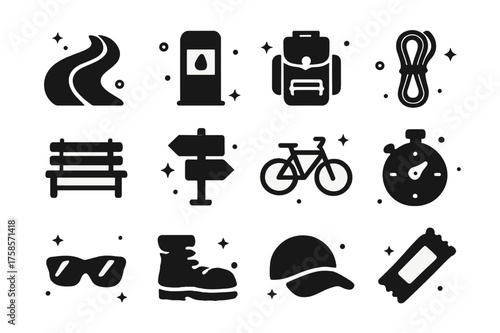 Outdoor Activity Icons. Outdoor training. Solid icons set of outdoor training: running path, water station, backpack, climbing rope, park bench, trail sign,