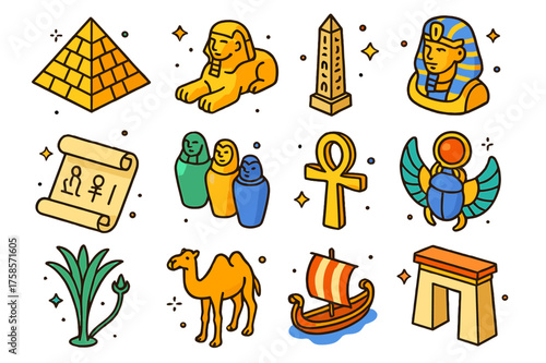 Ancient Egypt Icon Set. Ancient Egypt. Colorful isometric vector icons set of ancient Egypt: pyramid, sphinx, obelisk, pharaoh statue, hieroglyph scroll,
