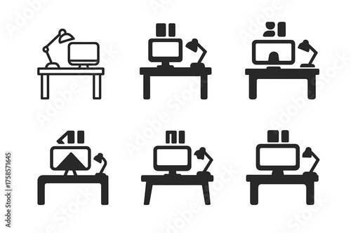 Home Office Icons. Designing home office spaces for productivity. Set Logo of Interior design: functional desk setup icon. harmonious logo variations of the