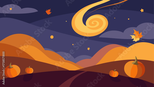Autumn night landscape with pumpkins and swirling celestial body
