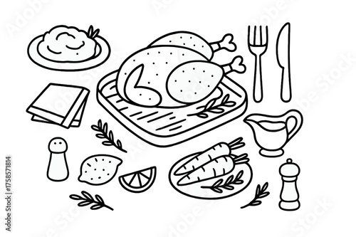 Roasted Chicken Doodle. Roasted Chicken with Mashed Potatoes. Hand-drawn doodle illustration roasted chicken with a side of mashed potatoes roasted chicken,