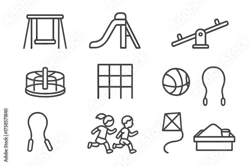 Playground Icon Set. Playground fun. Line icon set of playground fun: swing, slide, seesaw, merry-go-round, climbing frame, ball, skipping rope, siblings