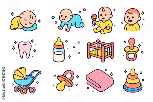 Infancy Milestones Icons. Infancy milestones. Colorful isometric vector icons set of infancy milestones: baby sleeping, crawling, holding rattle, first smile,