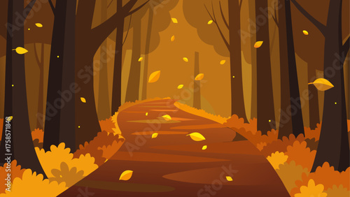 Autumn forest path with falling leaves and tall trees