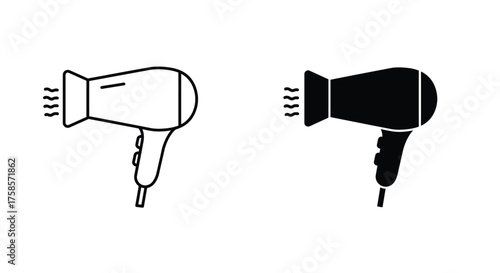 Set of two hair dryer icons, one a simple outline and the other a solid black glyph.