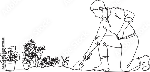 Single Line Drawing of a Man Gardening with Flowers and Plants