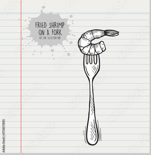 Doodle of Fried shrimp on a fork.vector illustration