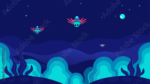 Whimsical alien spacecraft explore a surreal alien landscape under a starry sky