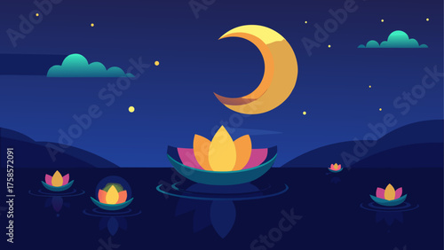 Serene night scene with floating lotus flowers under a crescent moon