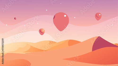 Surreal desert landscape with floating spheres and starry sky