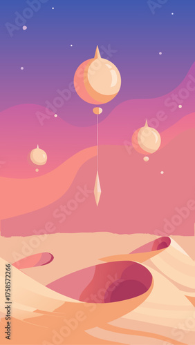 Surreal alien landscape with floating orbs and crystal pendant